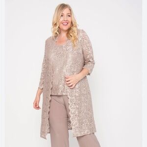 R&M Richards Elegant Sequin Taupe Lace Cardigan